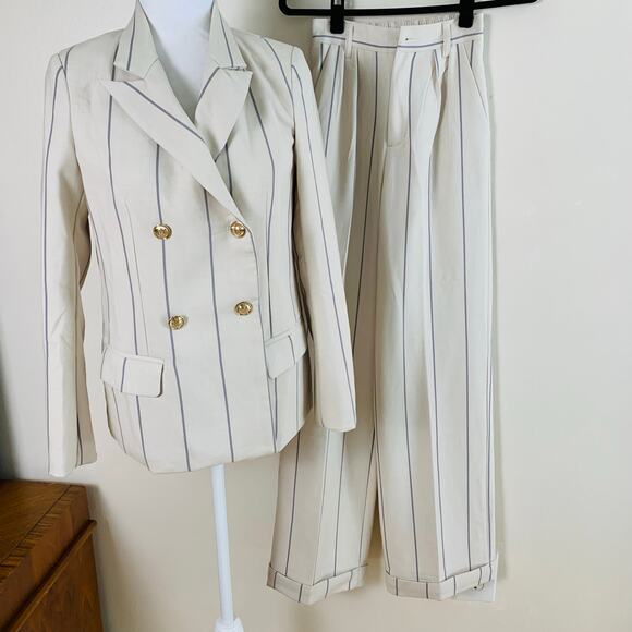 By Egreis Sz XS 2-Piece Suit Pants w/ Double Breasted Blazer Cream Blue Striped - Picture 11 of 13